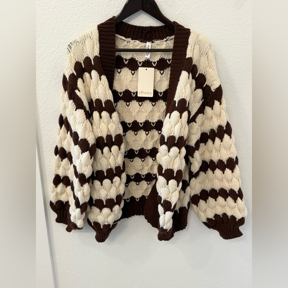 ePretty Women's Brown and Cream Sweater cardigan large